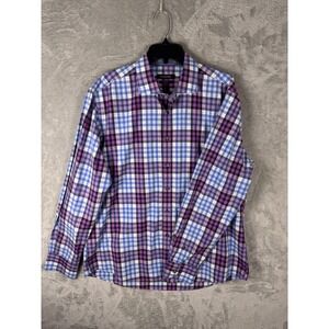 Bugatchi Shirt Mens XL 36/37 Purple Blue Check Slim Fit Long Sleeve Dress Cotton